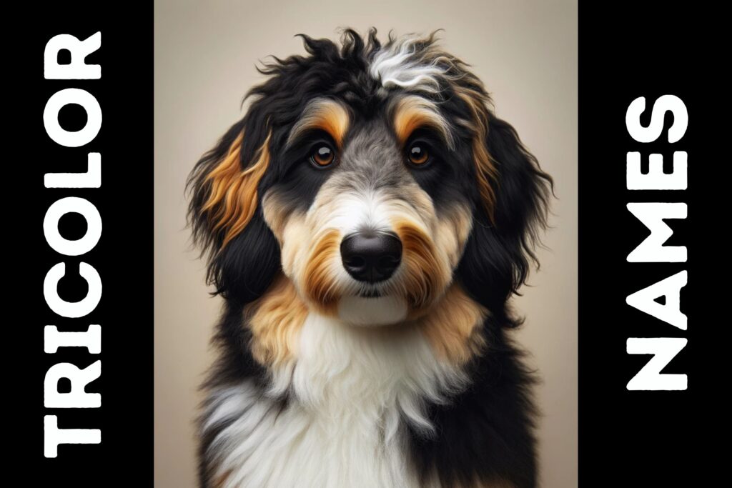 image of tricolor aussiedoodle looking at camera