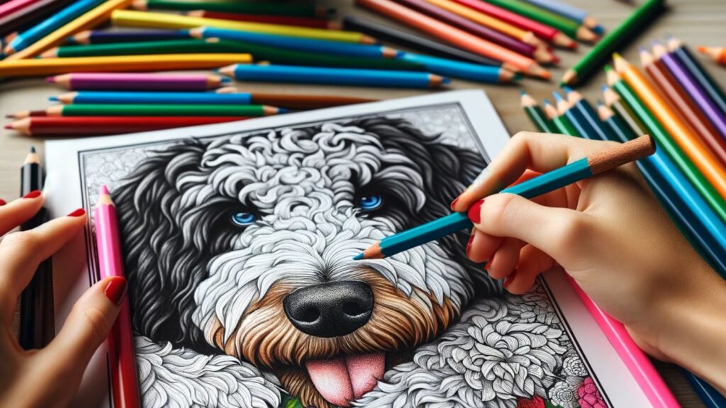 closeup image of woman's hand coloring an adult coloring page featuring an aussiedoodle dog